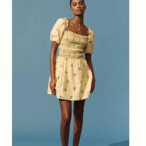 NWT By Anthropologie Puff-Sleeve Square-Neck Smocked Mini Yellow Dress, XXS